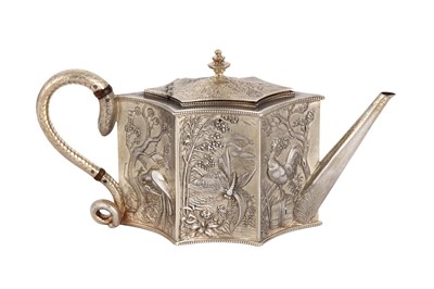 Lot 562 - A Victorian Scottish parcel gilt sterling silver ‘aesthetic movement’ three-piece tea service, Edinburgh 1879 by Mackay, Cunningham and Co