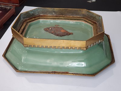 Lot 258 - A CHINESE CELADON-GLAZED GILT-MOUNTED TUREEN AND COVER.