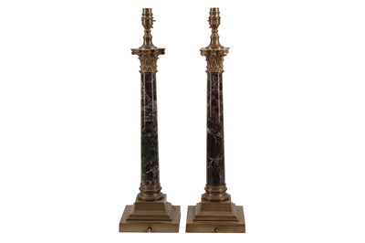 Lot 21 - A PAIR OF GILT METAL AND MARBLE CORINTHIAN COLUMN TABLE LAMPS, 20TH CENTURY
