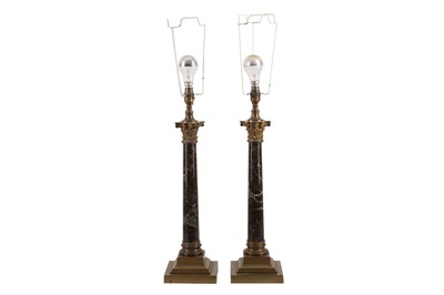 Lot 19 - A PAIR OF GILT METAL AND MARBLE CORINTHIAN COLUMN TABLE LAMPS, 20TH CENTURY