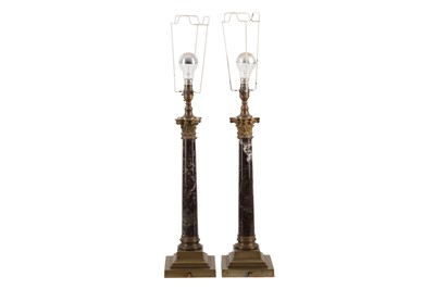 Lot 19 - A PAIR OF GILT METAL AND MARBLE CORINTHIAN COLUMN TABLE LAMPS, 20TH CENTURY
