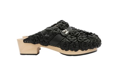 Lot 530 - Chanel Black Camellia Turnlock Wooden Clog - Size 39