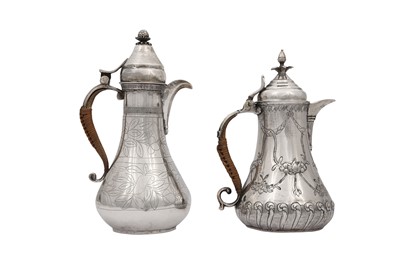 Lot 557 - TWO TURKISH SILVER COFFEE POTS