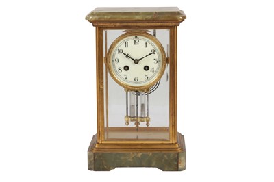 Lot 142 - A FRENCH BRASS AND ONYX FOUR GLASS MANTEL CLOCK, LATE 19TH CENTURY