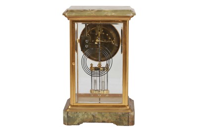 Lot 142 - A FRENCH BRASS AND ONYX FOUR GLASS MANTEL CLOCK, LATE 19TH CENTURY