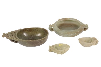 Lot 571 - A GROUP OF CHINESE JADE CUPS, WASHER AND CENSER.