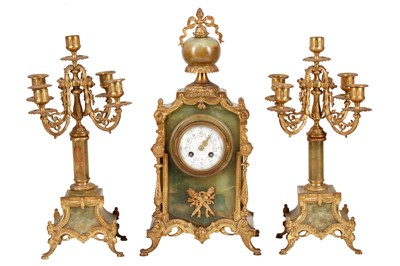 Lot 362 - A FRENCH ONYX AND GILT MOUNTED CLOCK GANRITURE, 19TH CENTURY