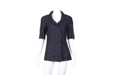 Lot 163 - Chanel Navy Silk Jacquard Short Sleeve Jacket - Size 38
