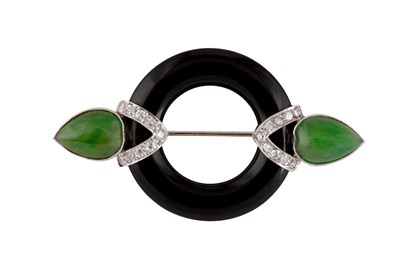 Lot 57 - A jade, onyx and diamond brooch