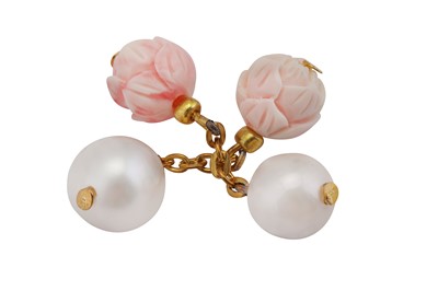 Lot 290 - λ A PAIR OF CORAL AND CULTURED PEARL CUFFLINKS
