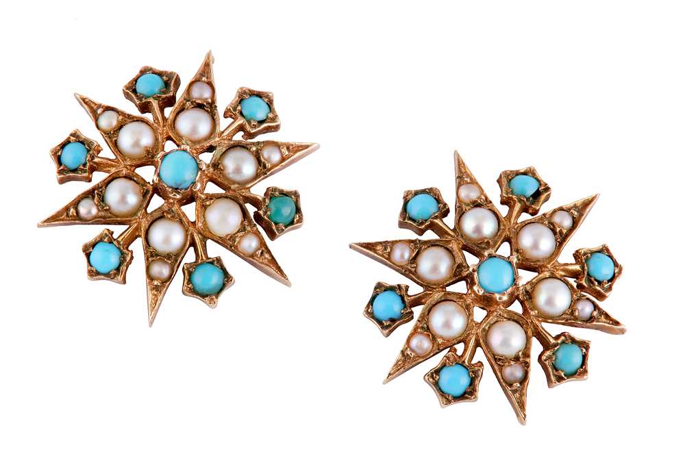 Lot 140 - A pair of turquoise and seed pearl earstuds