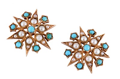 Lot 140 - A pair of turquoise and seed pearl earstuds