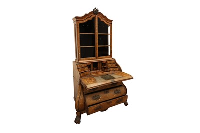 Lot 9 - A DUTCH MARQUETRY INLAID BUREAU BOOKCASE OF BOMBE FORM, LATE 18TH TO EARLY 19TH CENTURY