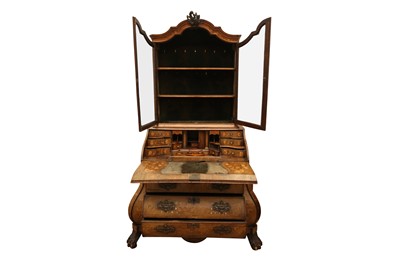 Lot 9 - A DUTCH MARQUETRY INLAID BUREAU BOOKCASE OF BOMBE FORM, LATE 18TH TO EARLY 19TH CENTURY