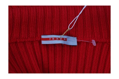 Lot 14 - Prada Red Wool Ribbed Zip Cardigan - Size 46