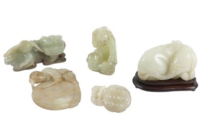 Lot 573 - A GROUP OF CHINESE CELADON JADE CARVINGS.