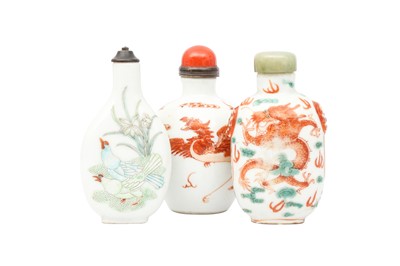 Lot 344 - THREE CHINESE PORCELAIN SNUFF BOTTLES.