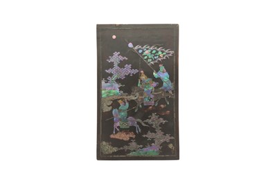 Lot 332 - A CHINESE MOTHER OF PEARL-INLAID BLACK LACQUER PANEL.