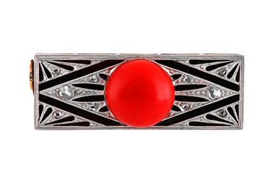 Lot 59 - λ A coral, onyx and diamond brooch