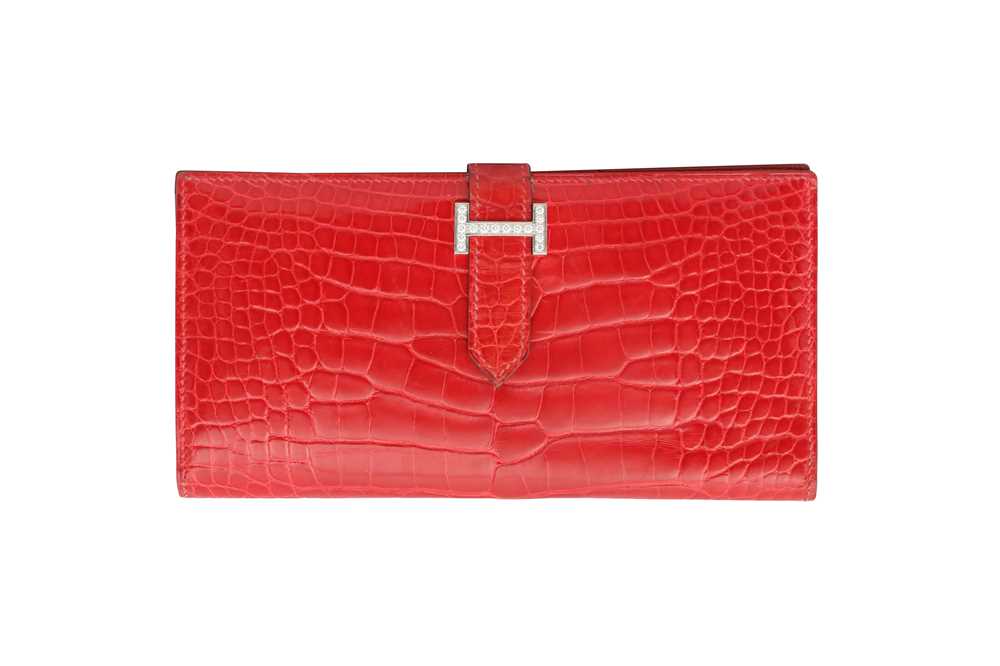 Lot 15 - λ Hermes Red Shiny Crocodile Bearn Wallet