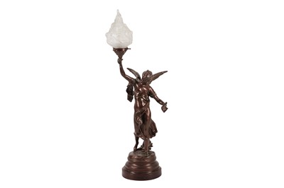 Lot 47 - A SPELTER 'LE GENIE DES ARTS' TABLE LAMP, LATE 19TH CENTURY