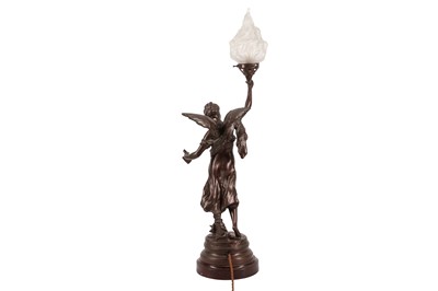 Lot 47 - A SPELTER 'LE GENIE DES ARTS' TABLE LAMP, LATE 19TH CENTURY