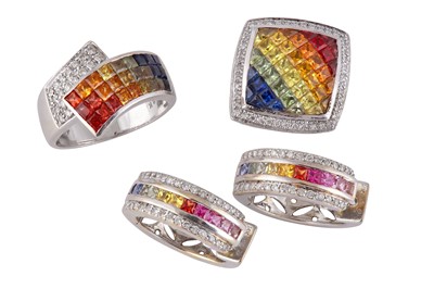 Lot 119 - A multi-coloured sapphire and diamond ring, pendant and earring suite
