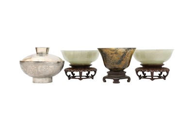 Lot 716 - A PAIR OF CHINESE CELADON JADE BOWLS, A MOSS AGATE CUP AND A SILVER TEA BOWL AND COVER.
