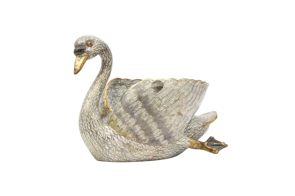Lot 271 - A CHINESE CLOISONNÉ ENAMEL MODEL OF A SWAN..
