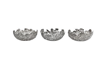 Lot 213 - Three late 19th / early 20th century Chinese Export silver bowls, Canton circa 1900 retailed by Wang Hing