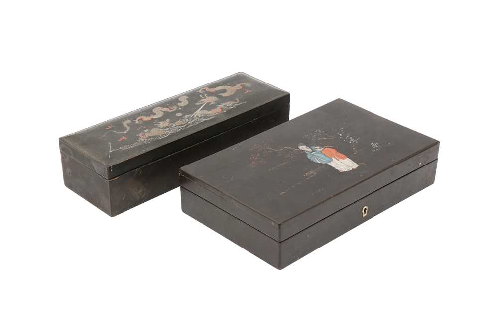 A CHINESE FUJIANESE LACQUER 'DRAGON' BOX AND A 'SCHOLAR' BOX.