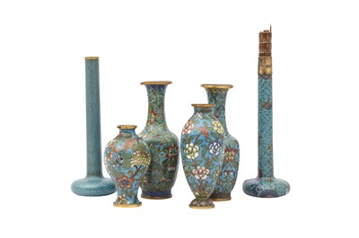 Lot 711 - FOUR CHINESE MINIATURE CLOISONNÉ ENAMEL VASES AND TWO CANE HANDLES.