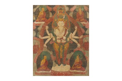 Lot 402 - A TIBETAN THANGKA OF AVALOKITESHVARA.