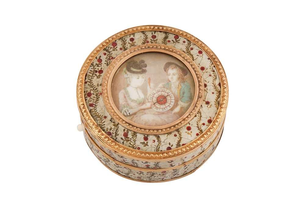 Lot 17 - A late 18th century Louis XVI French gold mounted Vernis Martin kinetic snuff box, Rennes 1781-89
