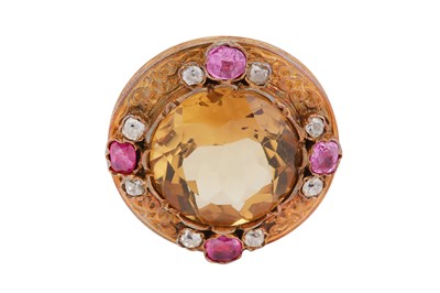Lot 259 - A CITRINE, PINK SAPPHIRE AND DIAMOND BROOCH