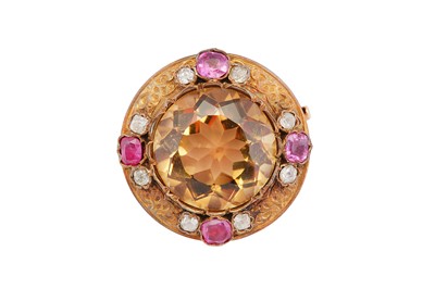 Lot 259 - A CITRINE, PINK SAPPHIRE AND DIAMOND BROOCH