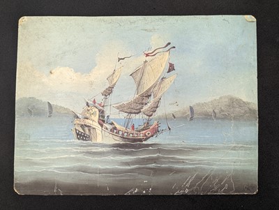 Lot 119 - A CHINESE EXPORT OIL PORTRAIT OF A LADY AND THREE STUDIES OF BOATS.