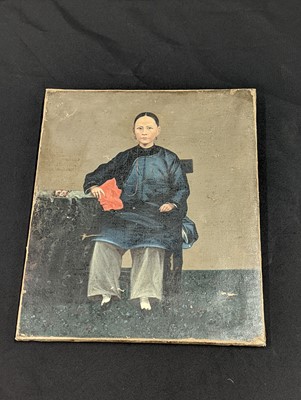 Lot 119 - A CHINESE EXPORT OIL PORTRAIT OF A LADY AND THREE STUDIES OF BOATS.