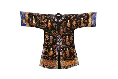 Lot 376 - A CHINESE BLACK-GROUND EMBROIDERED SILK 'LUOHANS' ROBE.
