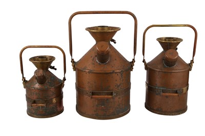 Lot 363 - A SET OF THREE MID 20TH CENTURY COPPER AND BRASS ‘CHEKPUMP’ FORECOURT PETROL MEASURES