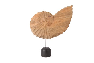Lot 443 - A CARVED WOODEN SCULTPURE OF AN AMMONITE