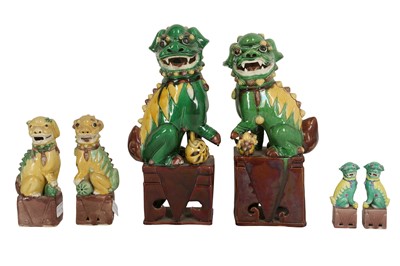 Lot 485 - THREE PAIRS OF CHINESE FAMILLE VERTE LION DOGS.