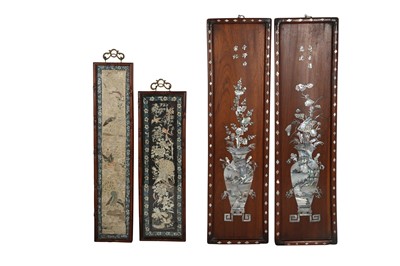 Lot 464 - A PAIR OF CHINESE INLAID WOODEN PANELS AND TWO EMBROIDERED SILK CUFFS