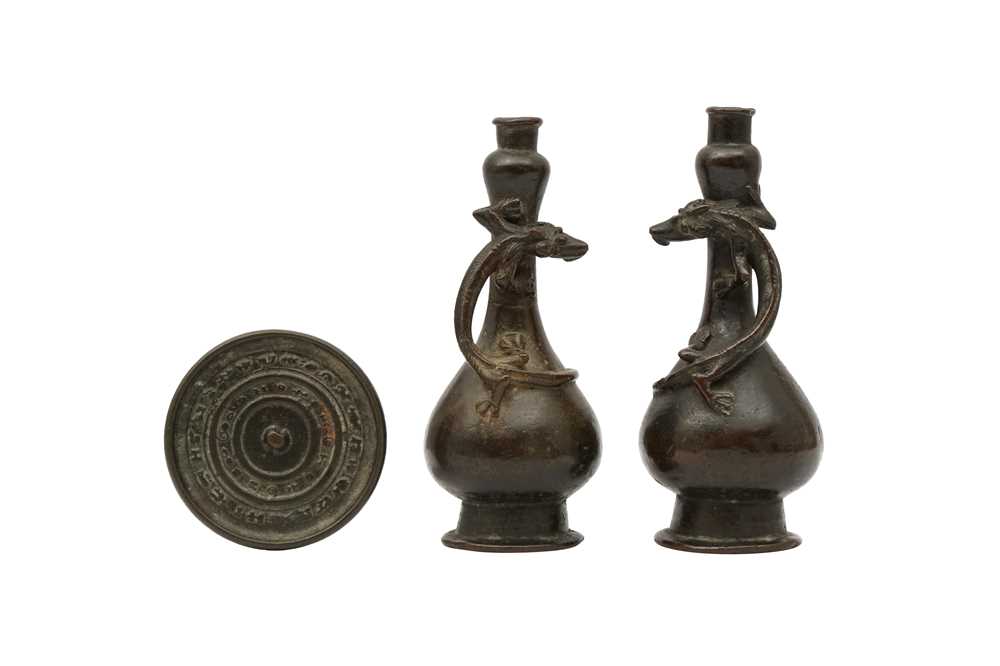 Lot 665 - A PAIR OF CHINESE BRONZE VASES AND A BRONZE MIRROR.