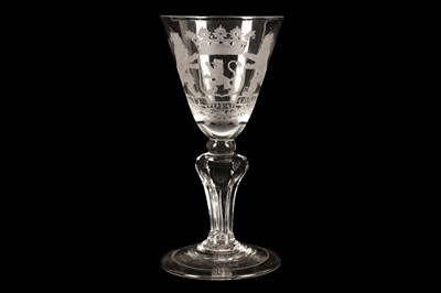 Lot 101 - A DUTCH ENGRAVED DRINKING GLASS OR GOBLET, CIRCA 1740-1750
