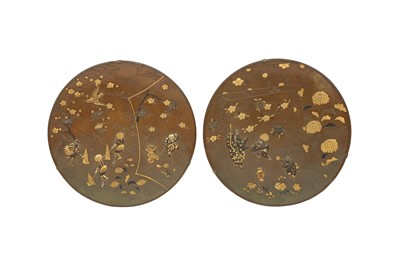 Lot 475 - A PAIR OF JAPANESE BRONZE INLAID DISHES BY KUMAGAI.
