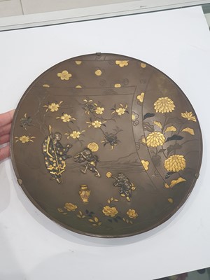 Lot 475 - A PAIR OF JAPANESE BRONZE INLAID DISHES BY KUMAGAI.