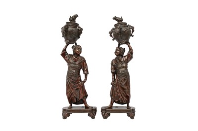 Lot 481 - A PAIR OF JAPANESE BRONZE FIGURES OF KARAKO BY SHUMEI.