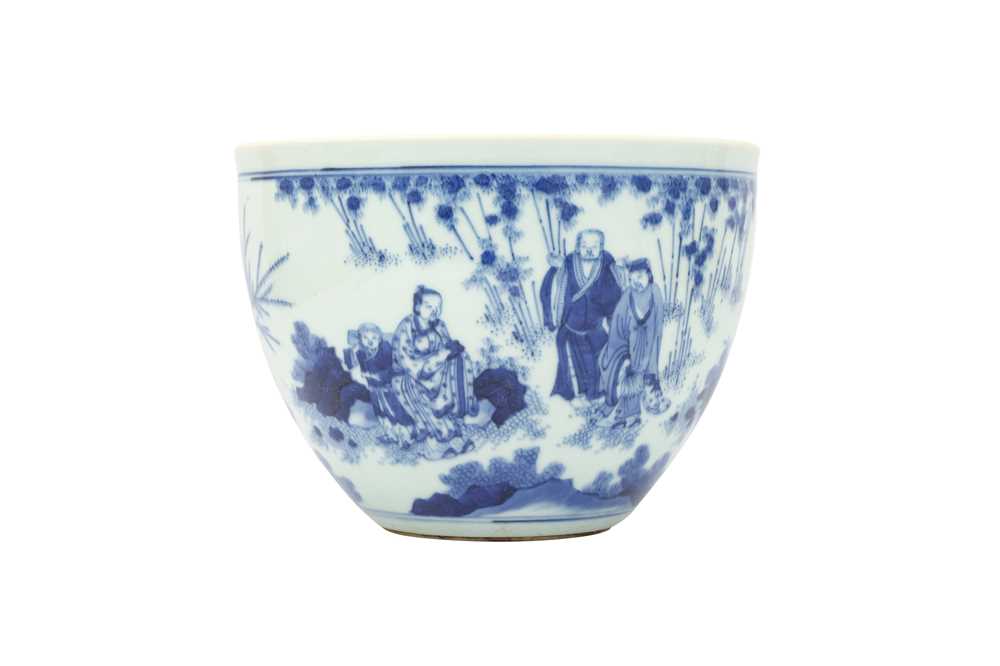Lot 744 - A CHINESE BLUE AND WHITE FIGURATIVE FISH BOWL.