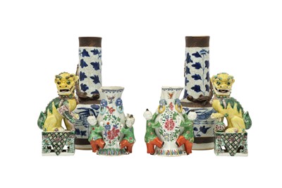 Lot 710 - A PAIR OF CHINESE FAMILLE VERTE LION DOGS, FAMILLE ROSE WALL VASES AND BLUE AND WHITE VASES.